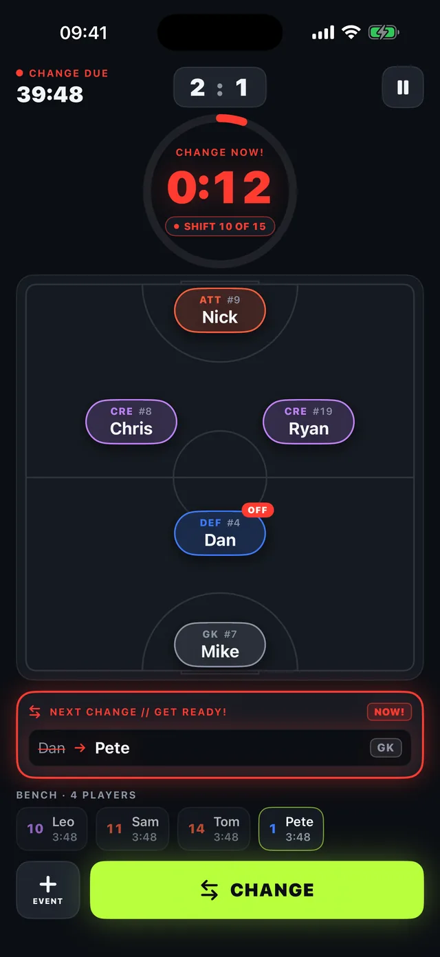 Live match screen in alert state: the timer is red at twenty-one seconds and the next change is highlighted.