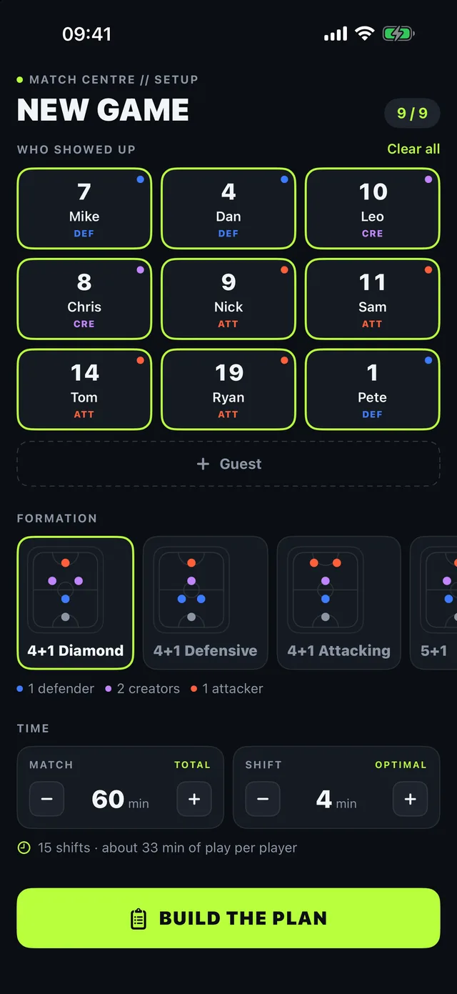 Setup screen: player cards to tick who showed up, formation choices, and match and shift length.